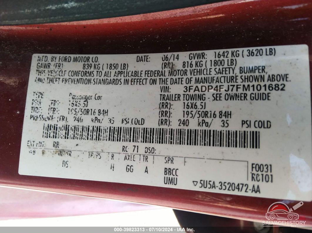 3FADP4FJ7FM101682 2015 FORD FIESTA photo no. 9