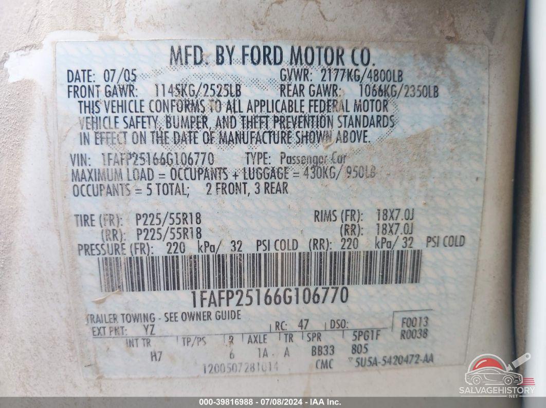 1FAFP25166G106770 2006 FORD FIVE HUNDRED photo no. 9