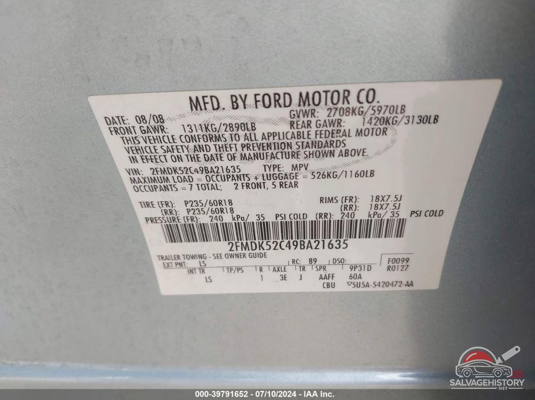 2FMDK52C49BA21635 2009 FORD FLEX photo no. 9