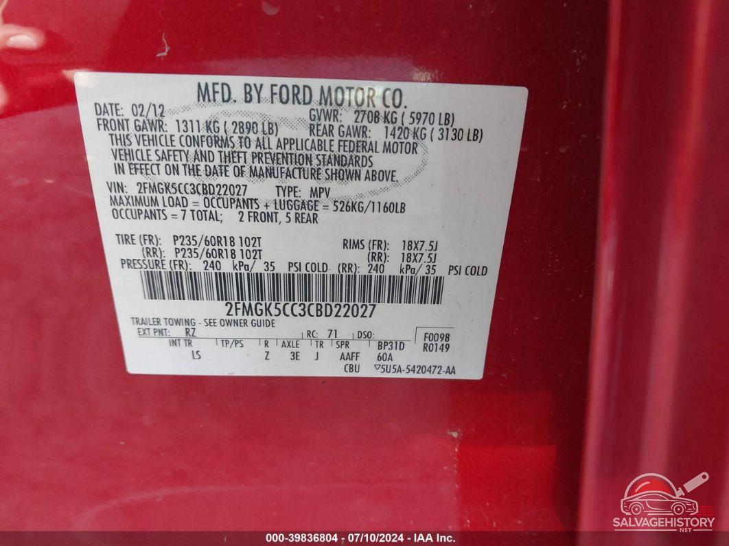 2FMGK5CC3CBD22027 2012 FORD FLEX photo no. 9