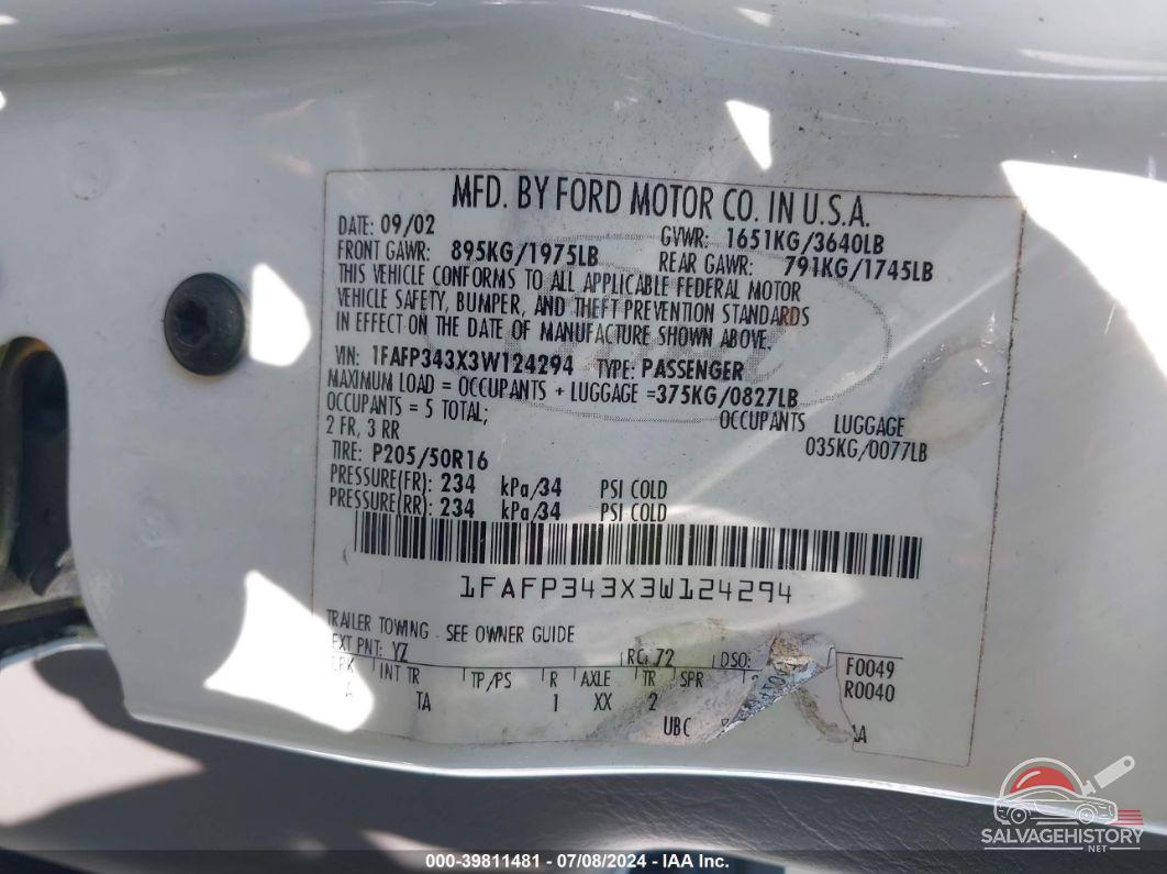 1FAFP343X3W124294 2003 FORD FOCUS photo no. 9
