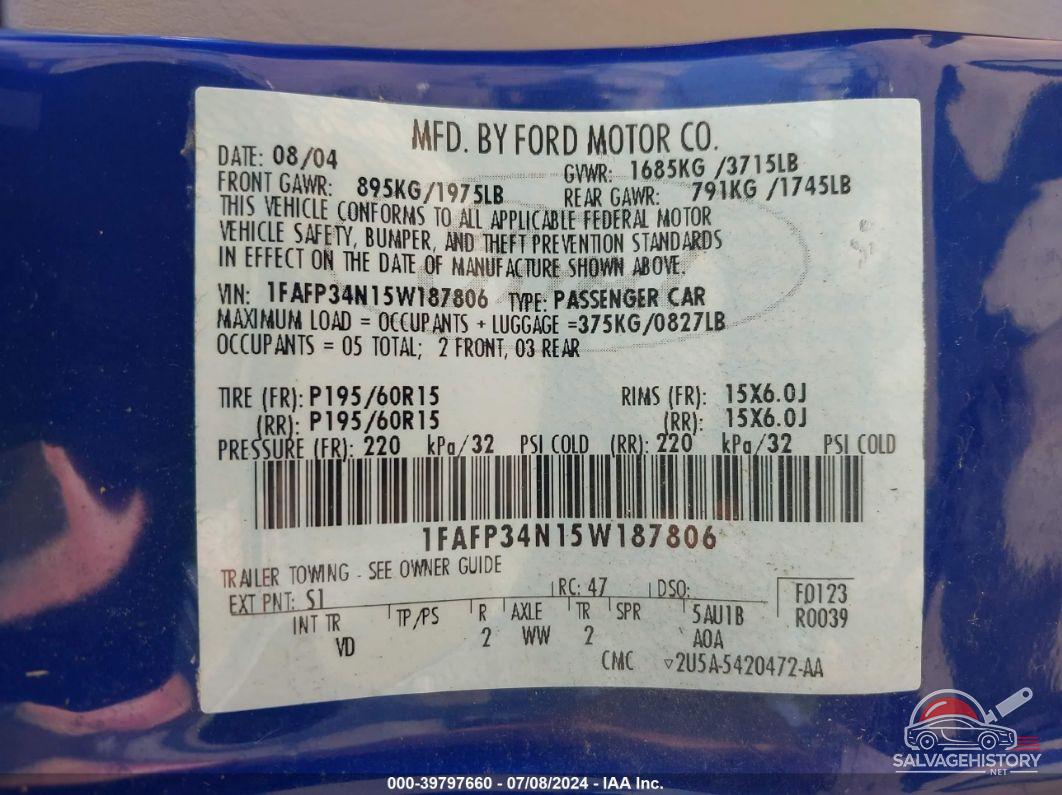 1FAFP34N15W187806 2005 FORD FOCUS photo no. 9