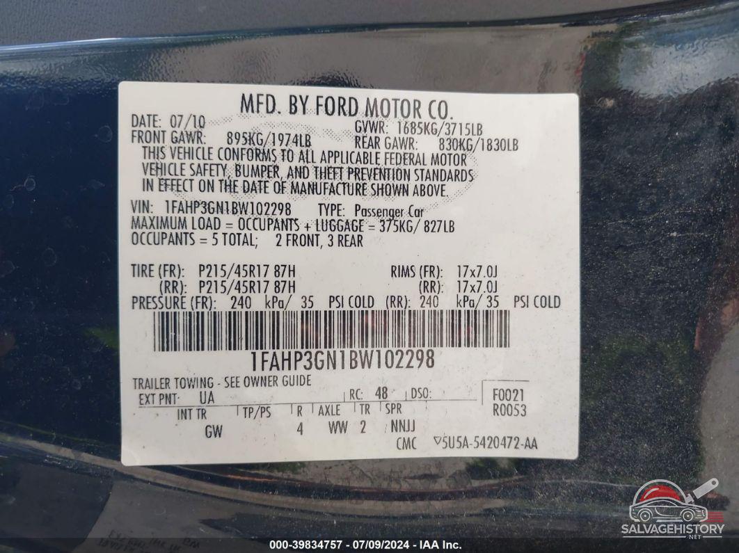 1FAHP3GN1BW102298 2011 FORD FOCUS photo no. 9