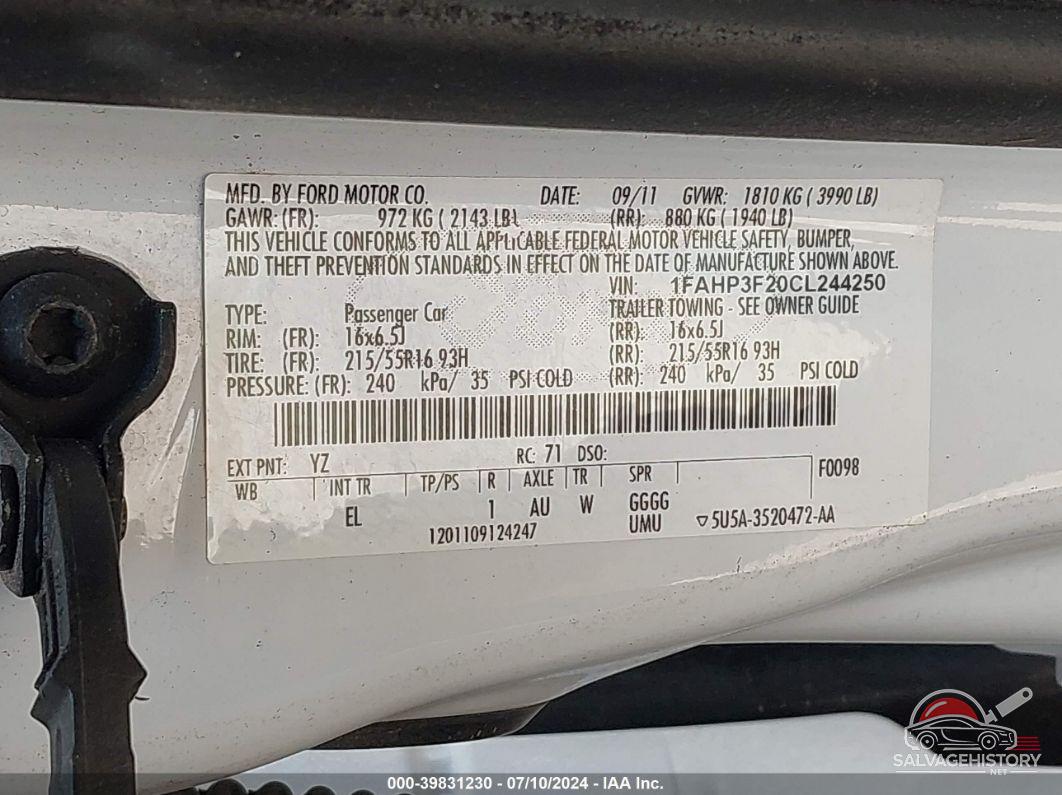 1FAHP3F20CL244250 2012 FORD FOCUS photo no. 9