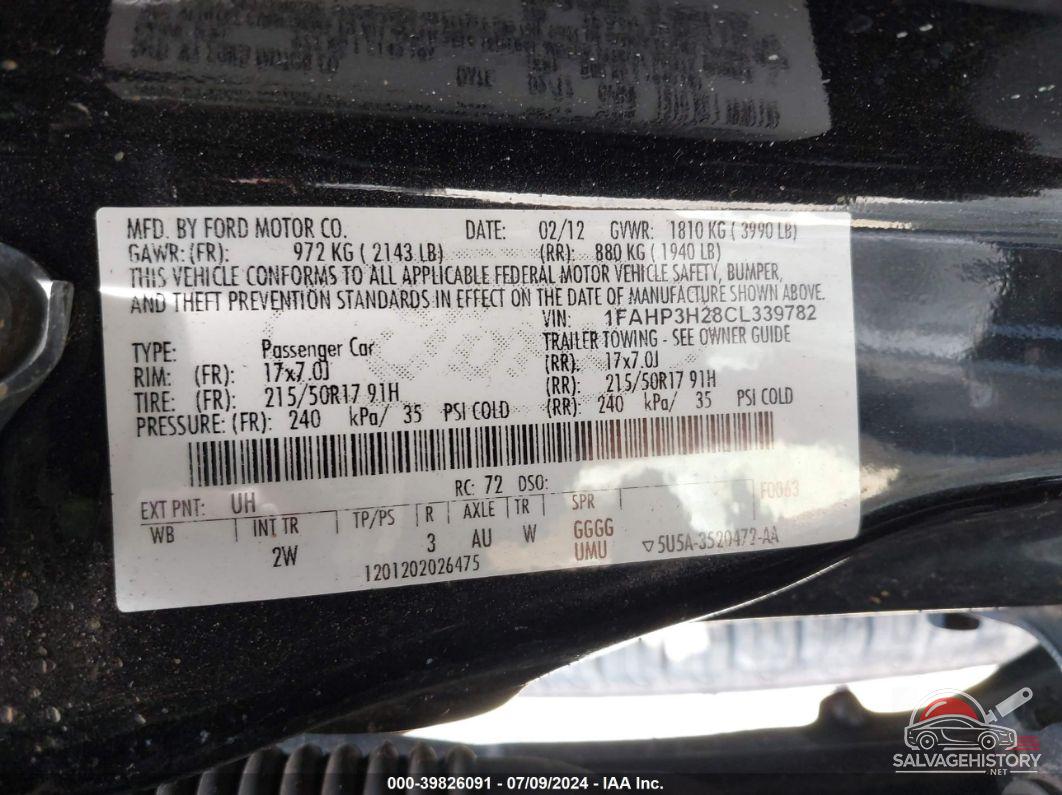 1FAHP3H28CL339782 2012 FORD FOCUS photo no. 9