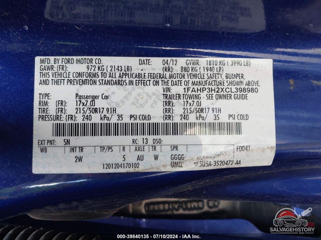 1FAHP3H2XCL398980 2012 FORD FOCUS photo no. 9