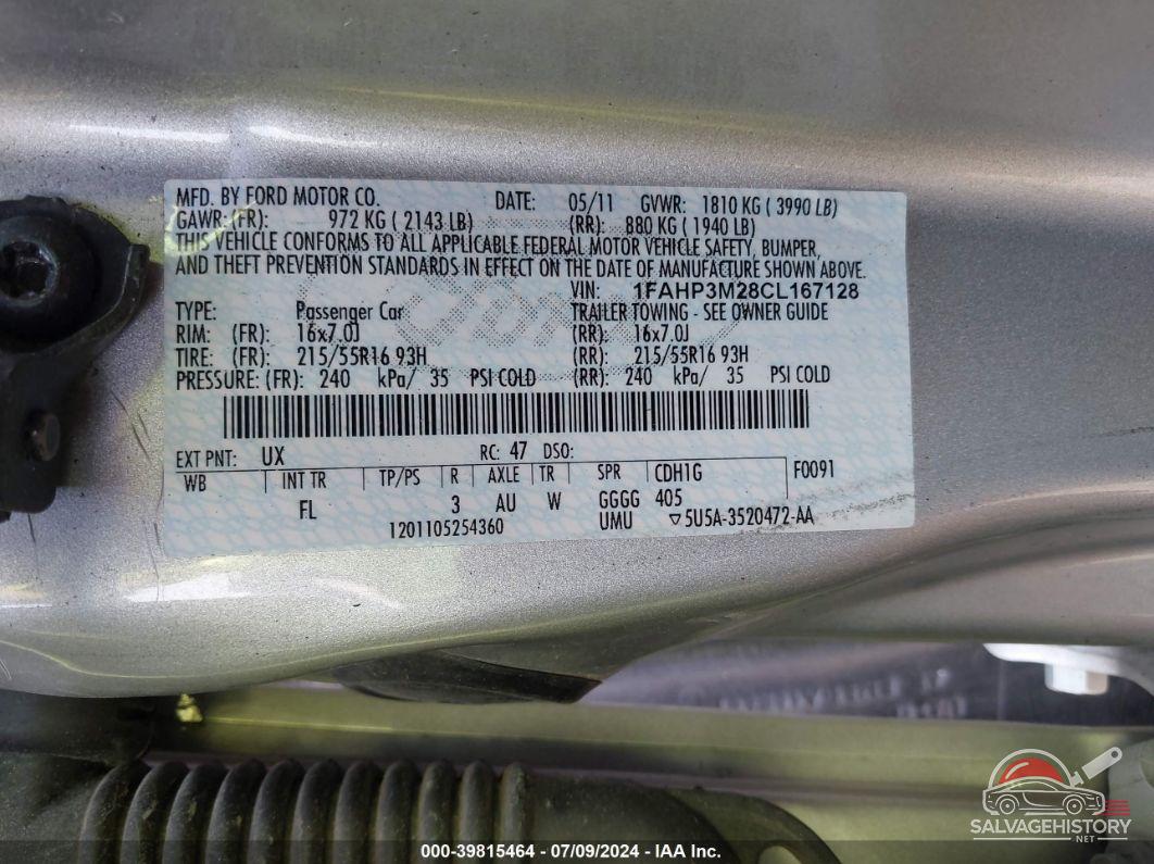 1FAHP3M28CL167128 2012 FORD FOCUS photo no. 9