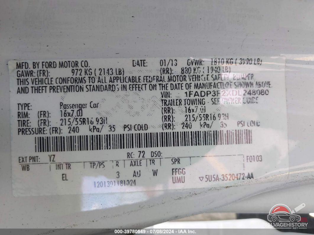 1FADP3F2XDL248080 2013 FORD FOCUS photo no. 9