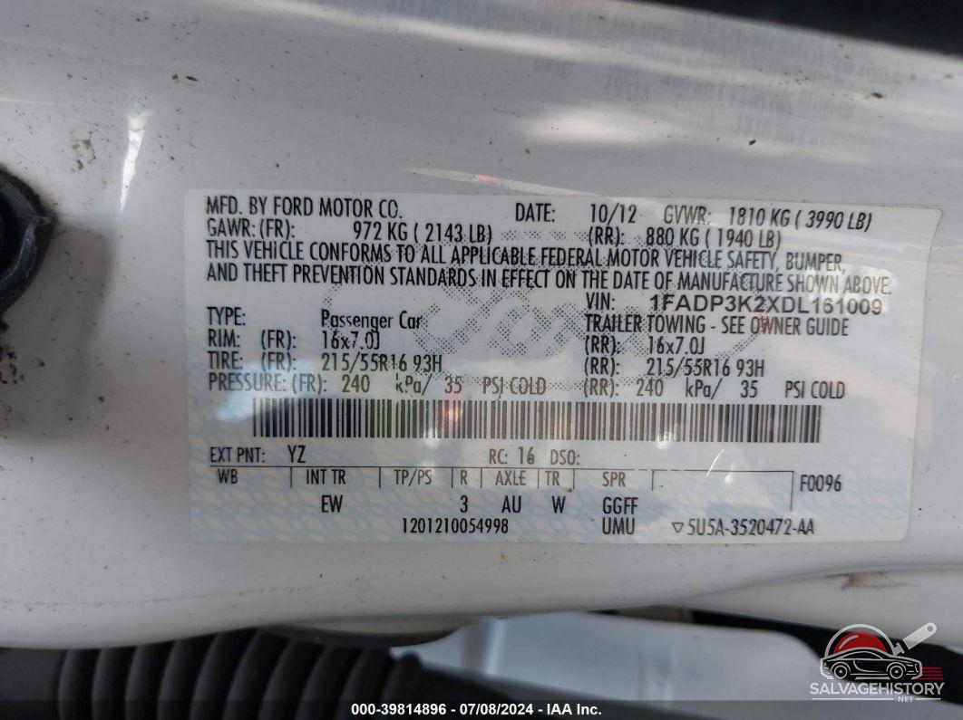 1FADP3K2XDL161009 2013 FORD FOCUS photo no. 9