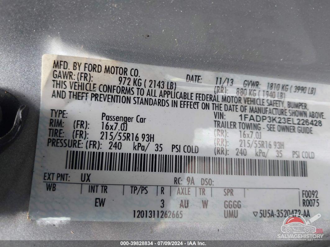 1FADP3K23EL226428 2014 FORD FOCUS photo no. 9