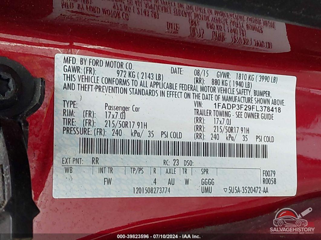 1FADP3F29FL378418 2015 FORD FOCUS photo no. 9