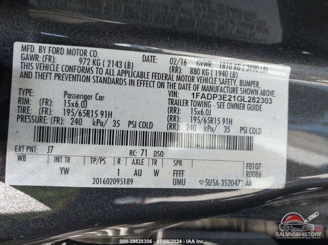 1FADP3E21GL282303 2016 FORD FOCUS photo no. 9