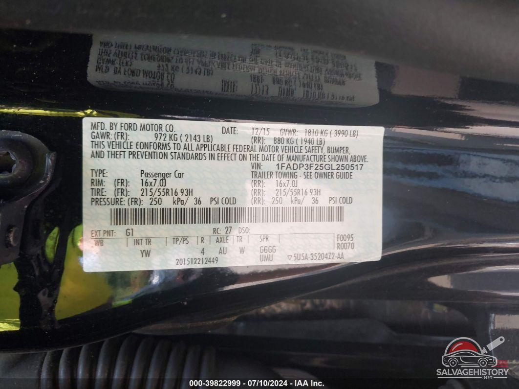 1FADP3F25GL250517 2016 FORD FOCUS photo no. 9