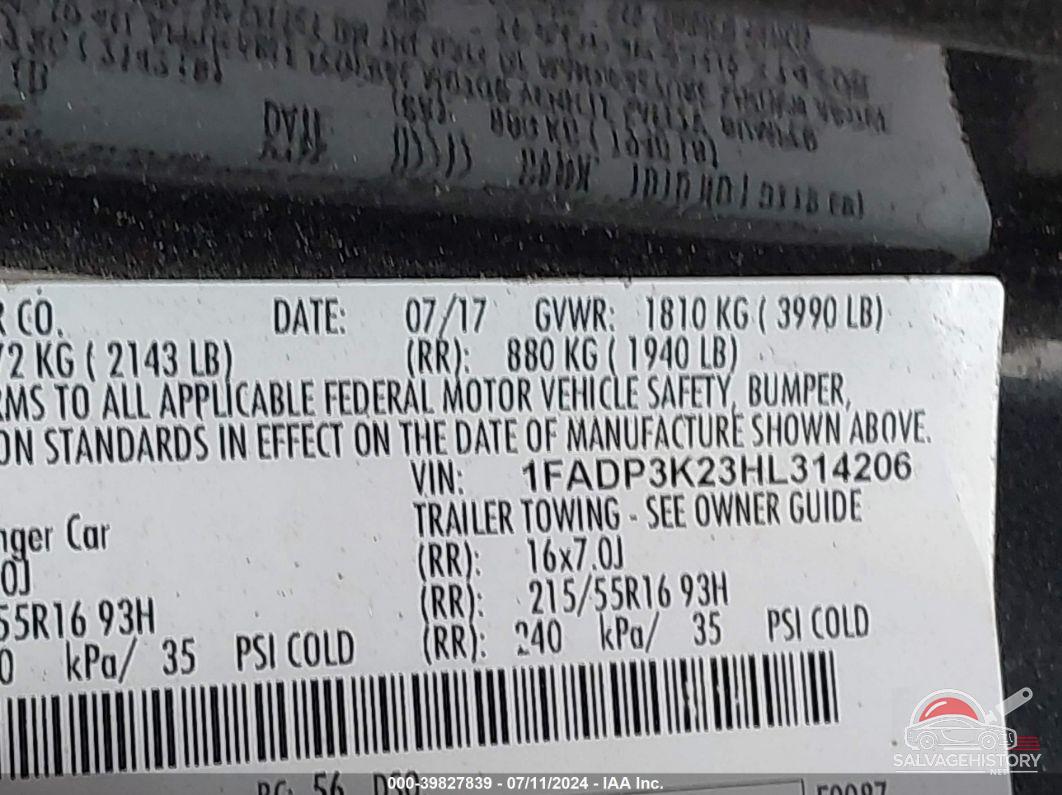 1FADP3K23HL314206 2017 FORD FOCUS photo no. 9