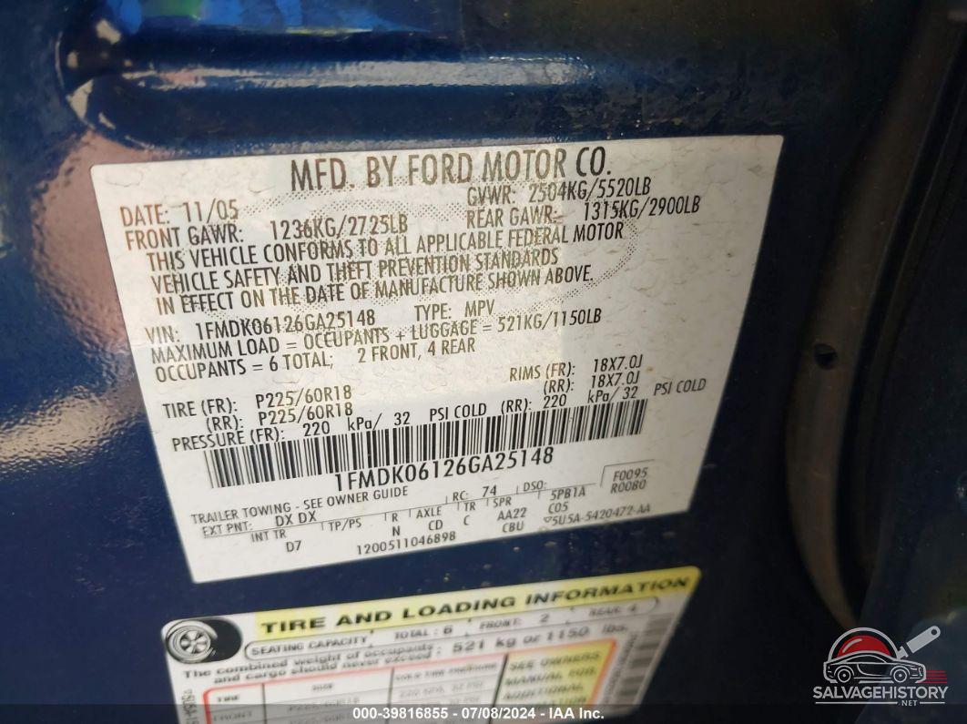 1FMDK06126GA25148 2006 FORD FREESTYLE photo no. 9