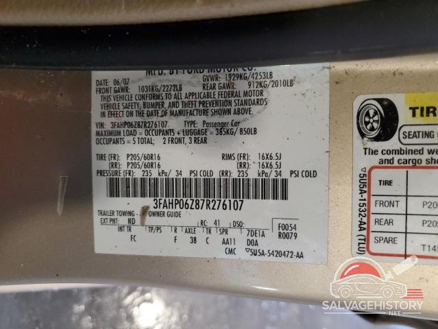 3FAHP06Z87R276107 2007 FORD FUSION photo no. 12