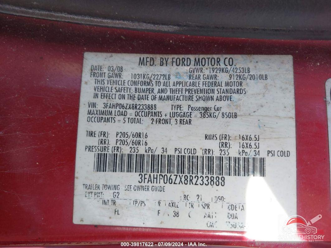 3FAHP06ZX8R233888 2008 FORD FUSION photo no. 9