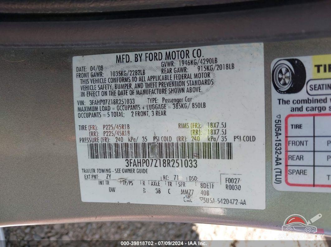 3FAHP07Z18R251033 2008 FORD FUSION photo no. 9