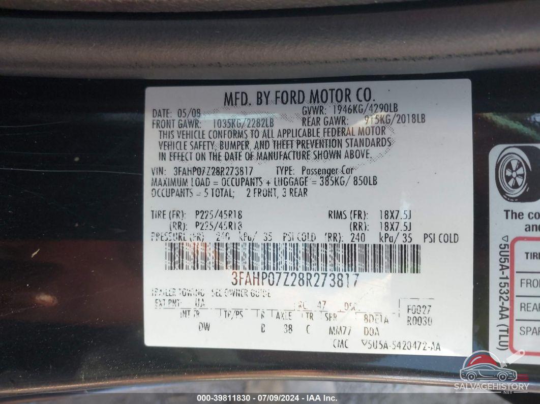 3FAHP07Z28R273817 2008 FORD FUSION photo no. 9