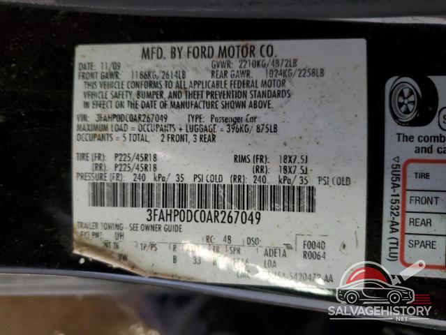 3FAHP0DC0AR267049 2010 FORD FUSION photo no. 12