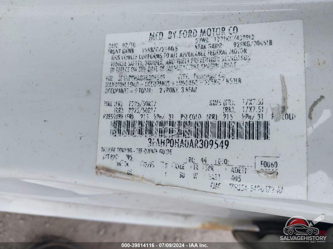 3FAHP0HA0AR309549 2010 FORD FUSION photo no. 9