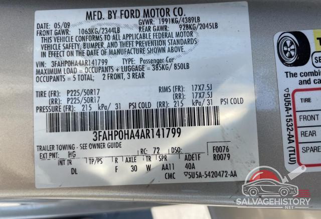 3FAHP0HA4AR141799 2010 FORD FUSION photo no. 10