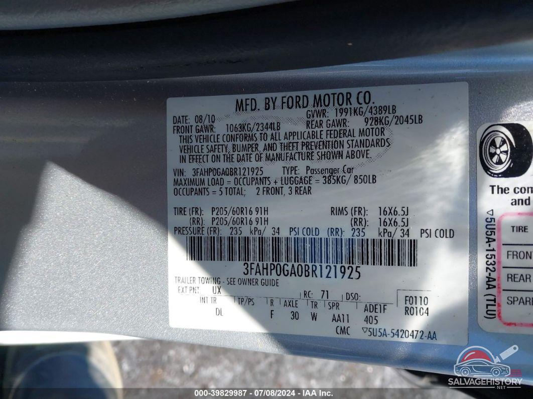 3FAHP0GA0BR121925 2011 FORD FUSION photo no. 9