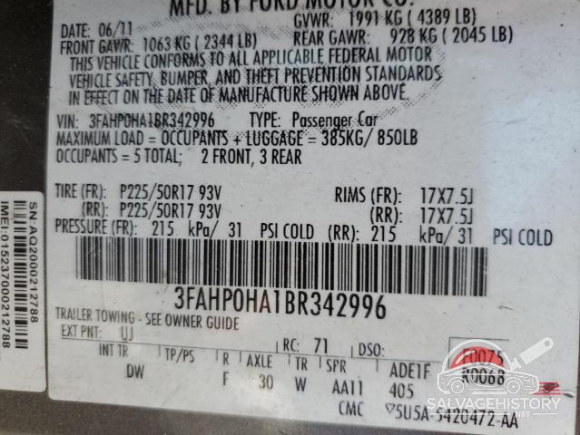 3FAHP0HA1BR342996 2011 FORD FUSION photo no. 12