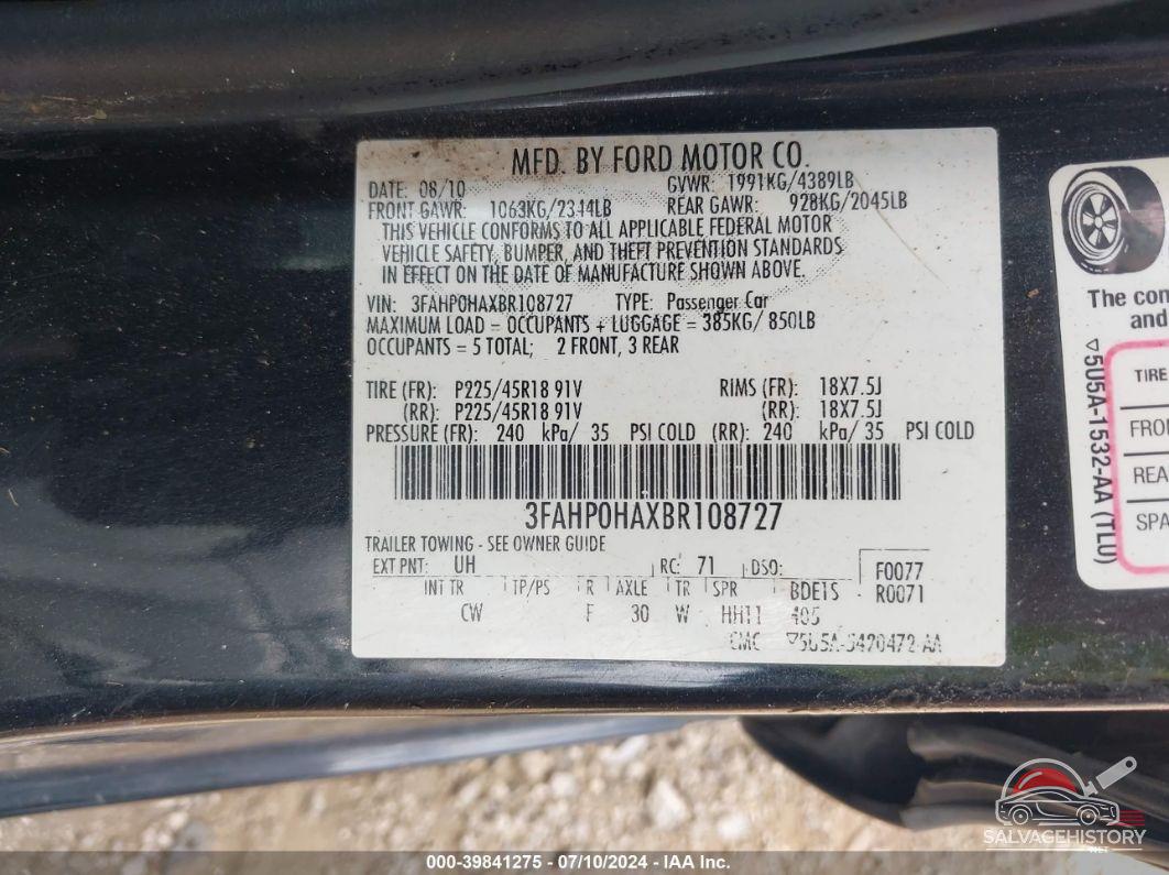 3FAHP0HAXBR108727 2011 FORD FUSION photo no. 9