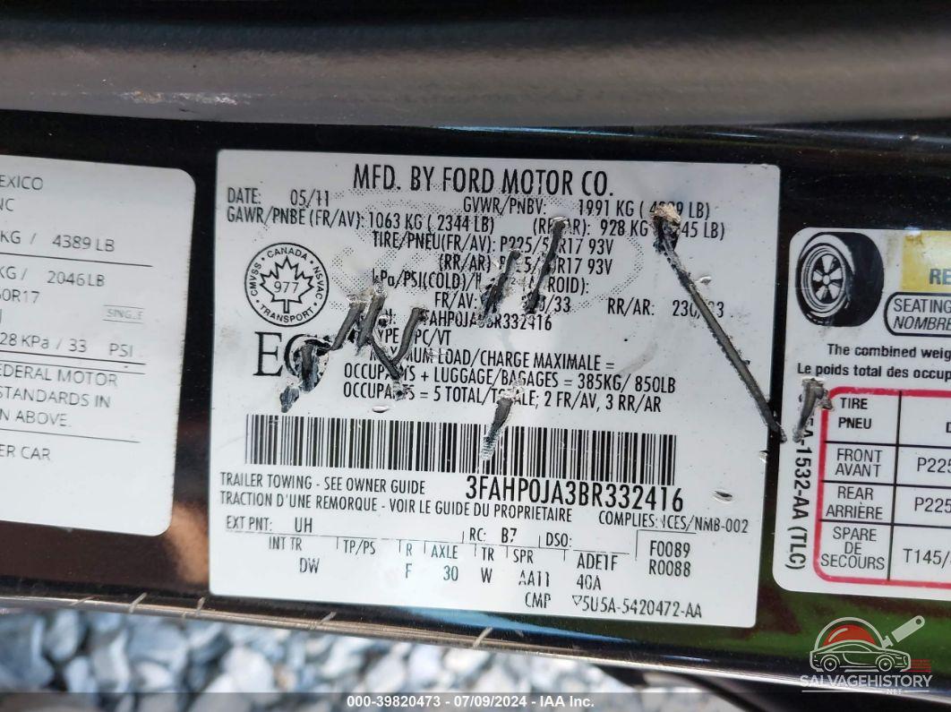 3FAHP0JA3BR332416 2011 FORD FUSION photo no. 9