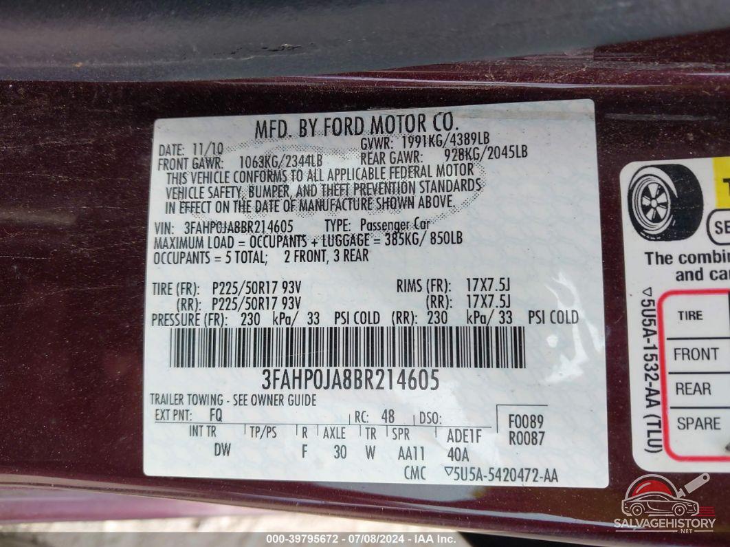 3FAHP0JA8BR214605 2011 FORD FUSION photo no. 9
