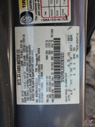 3FADP0L33CR281031 2012 FORD FUSION photo no. 12