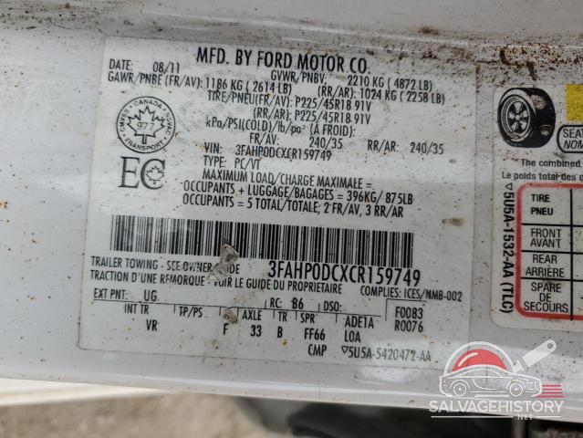 3FAHP0DCXCR159749 2012 FORD FUSION photo no. 12