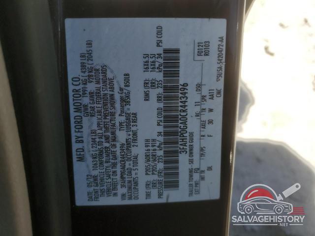 3FAHP0GA0CR443496 2012 FORD FUSION photo no. 12