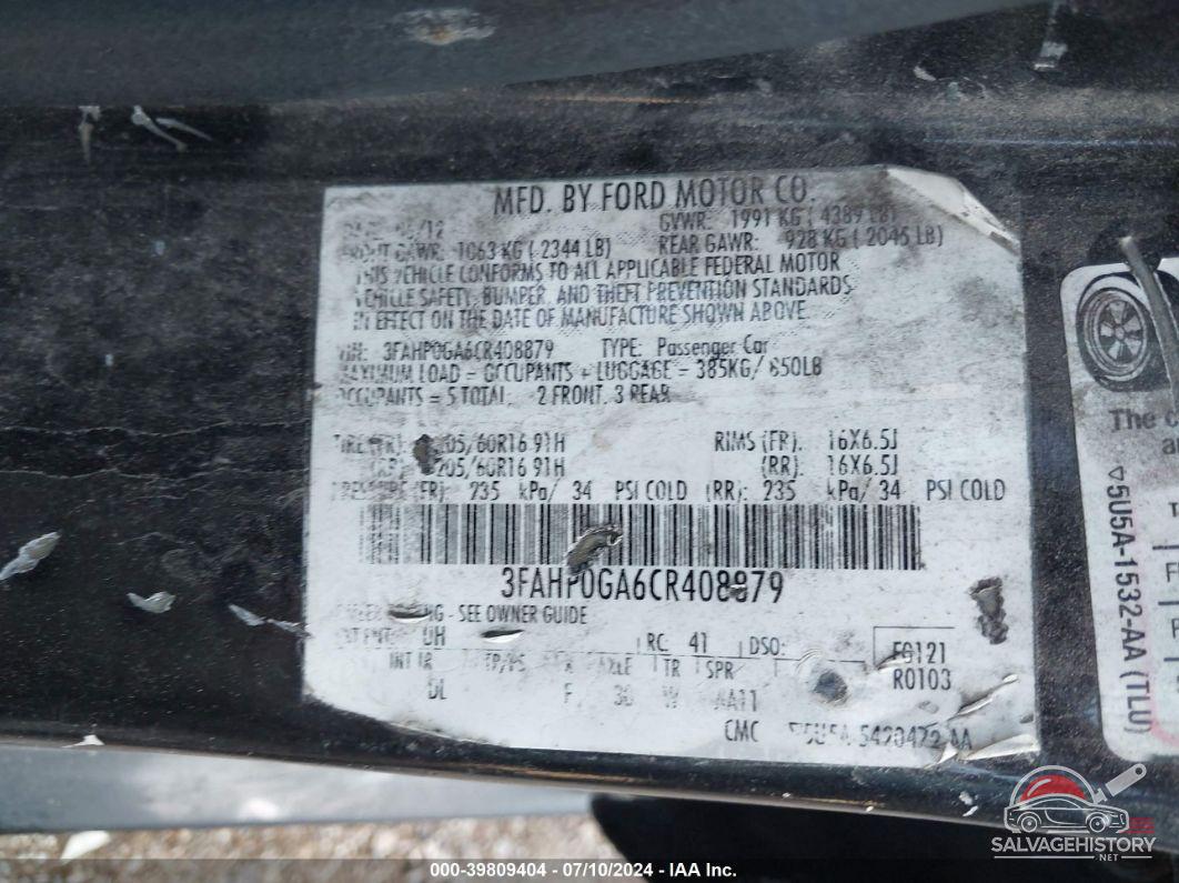3FAHP0GA6CR408879 2012 FORD FUSION photo no. 9