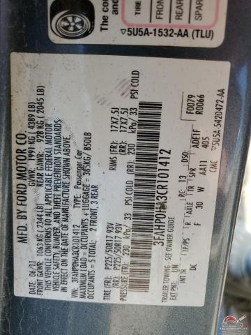 3FAHP0HA3CR101412 2012 FORD FUSION photo no. 12