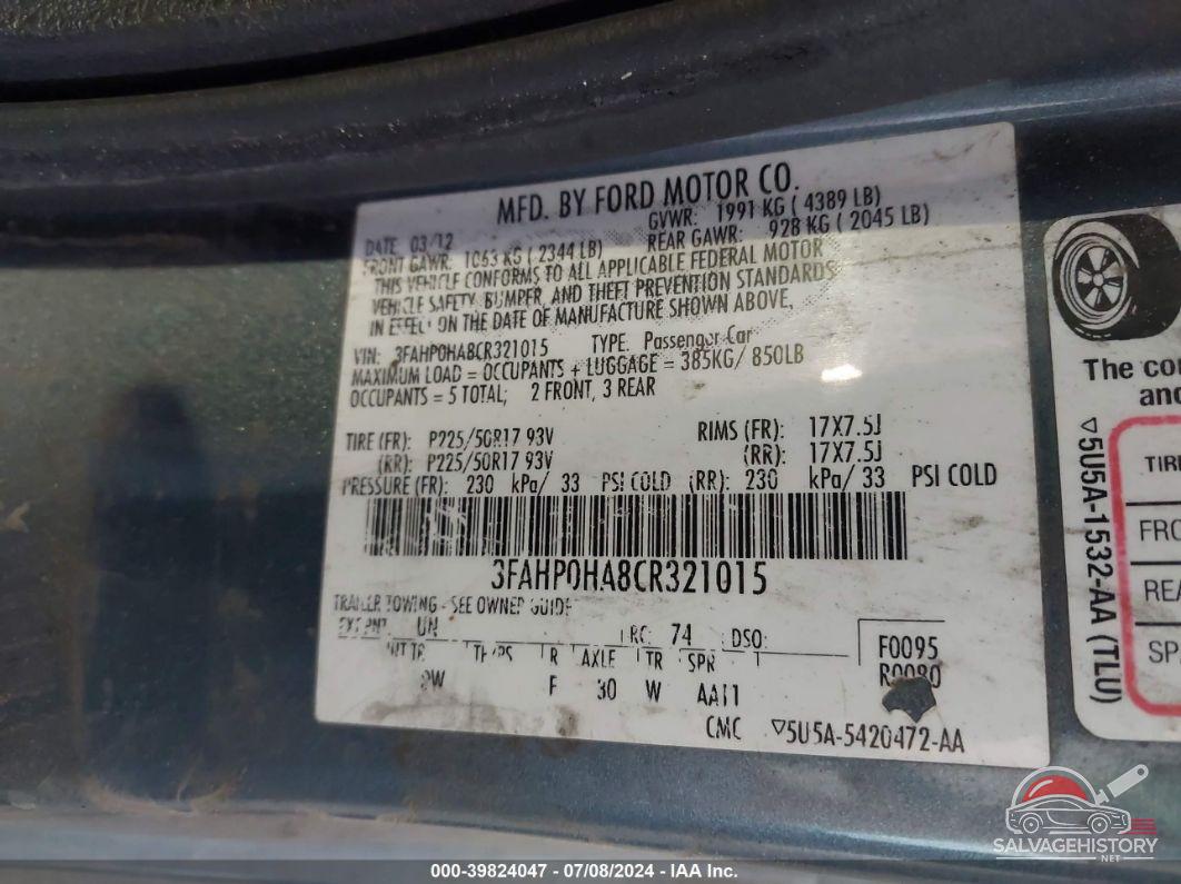 3FAHP0HA8CR321015 2012 FORD FUSION photo no. 9