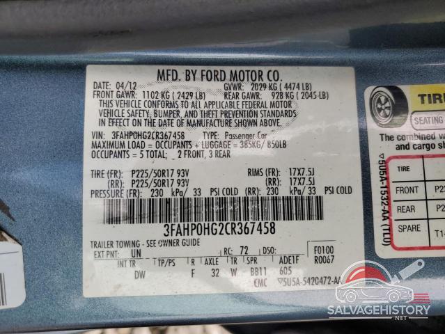 3FAHP0HG2CR367458 2012 FORD FUSION photo no. 12
