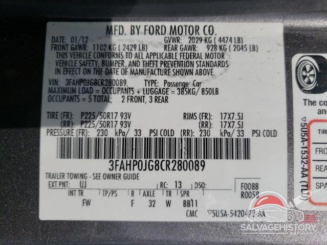 3FAHP0JG8CR280089 2012 FORD FUSION photo no. 12