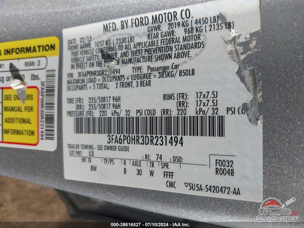 3FA6P0HR3DR231494 2013 FORD FUSION photo no. 9