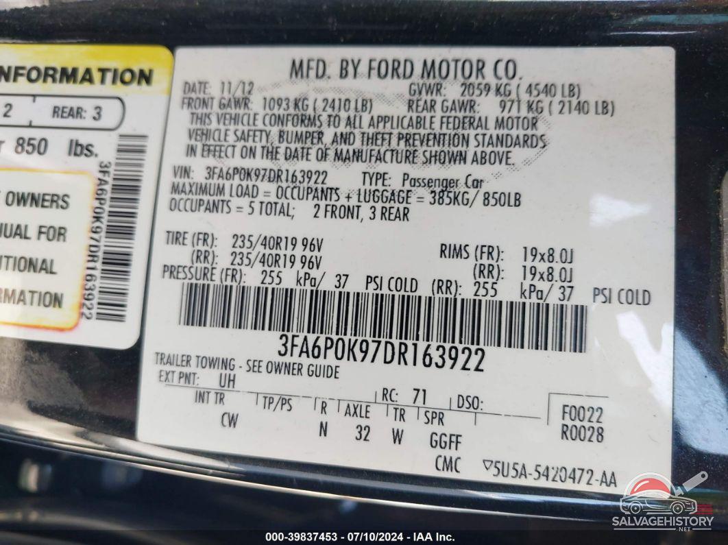 3FA6P0K97DR163922 2013 FORD FUSION photo no. 9