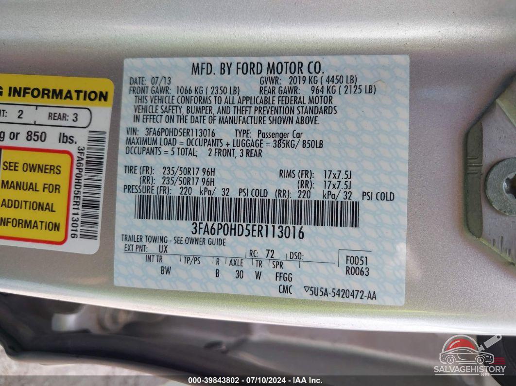 3FA6P0HD5ER113016 2014 FORD FUSION photo no. 9