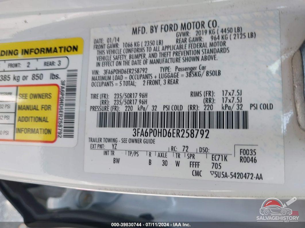 3FA6P0HD6ER258792 2014 FORD FUSION photo no. 9