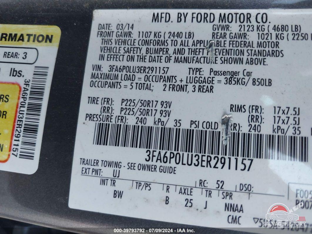 3FA6P0LU3ER291157 2014 FORD FUSION photo no. 9