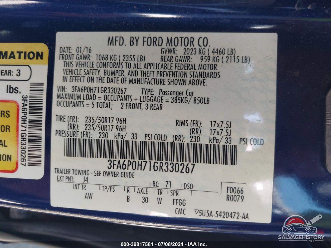 3FA6P0H71GR330267 2016 FORD FUSION photo no. 9
