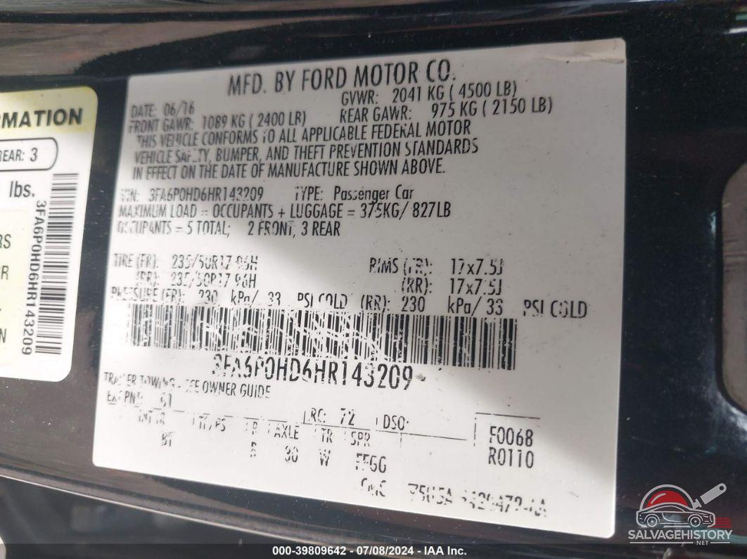 3FA6P0HD6HR143209 2017 FORD FUSION photo no. 9