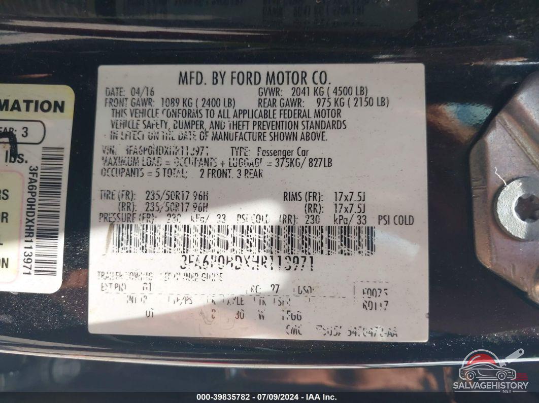 3FA6P0HDXHR113971 2017 FORD FUSION photo no. 9