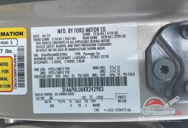 3FA6P0LU6KR242983 2019 FORD FUSION photo no. 10
