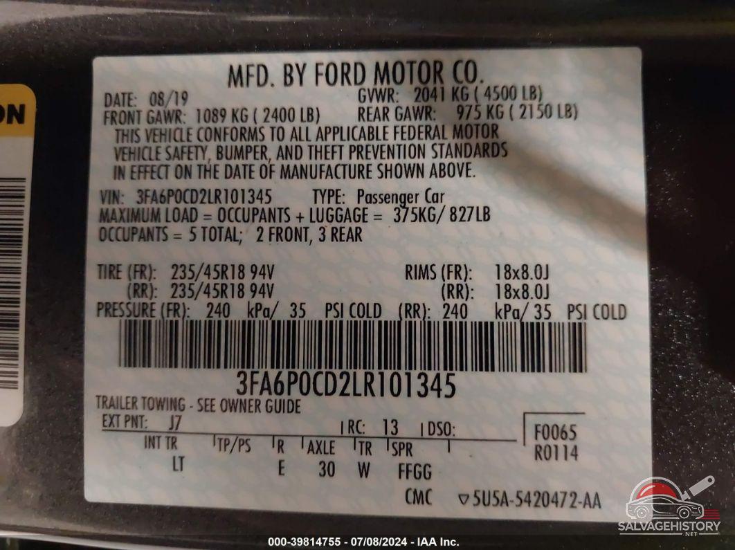 3FA6P0CD2LR101345 2020 FORD FUSION photo no. 9