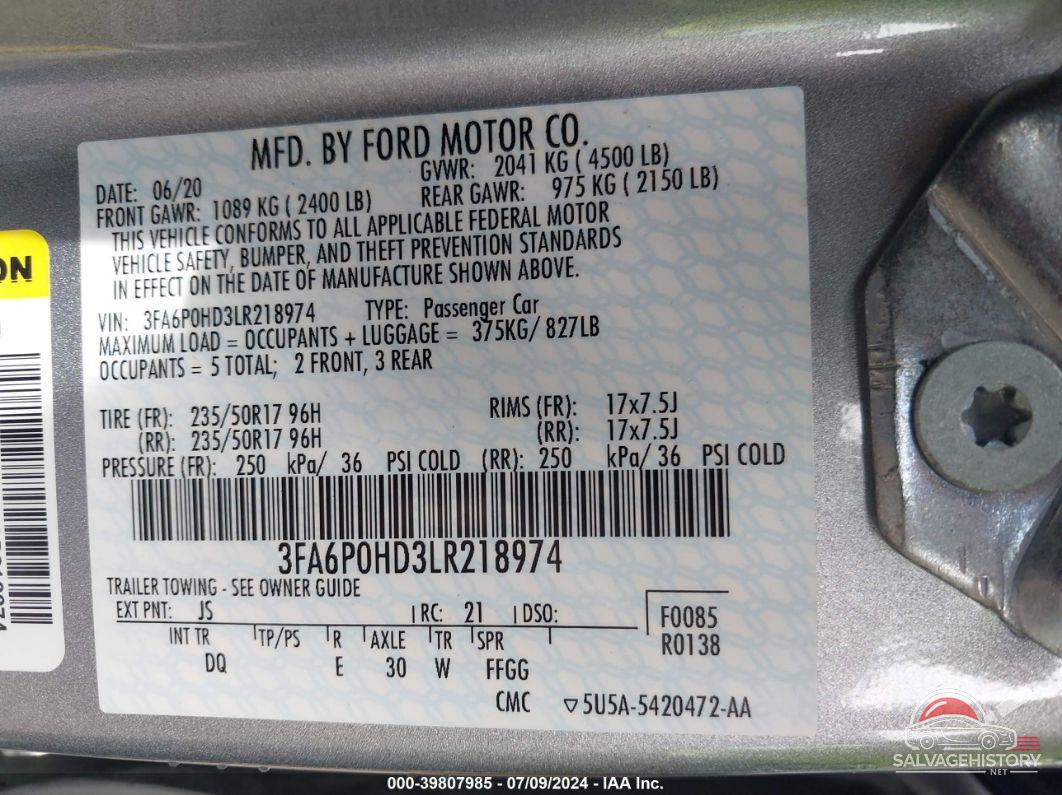 3FA6P0HD3LR218974 2020 FORD FUSION photo no. 9